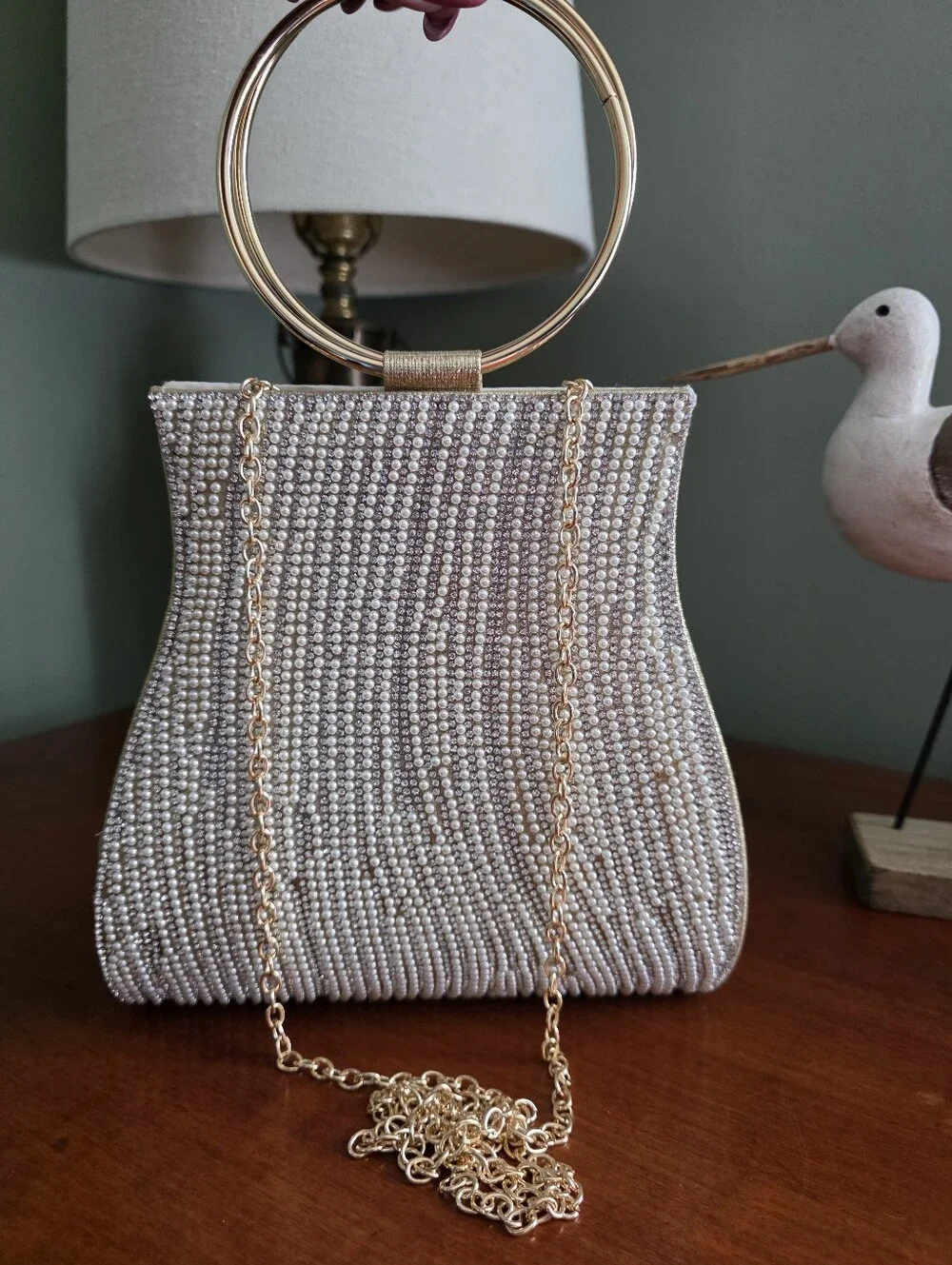 Verano Hill Meghan Rhinestone Pearl Ring Handle Evening Bag Purse